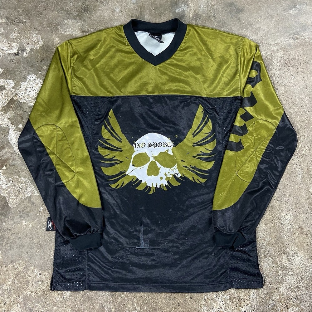 Vintage Y2K AXO Motocross Jersey Size Medium‎ Yellow Black Racing Skull Graphic